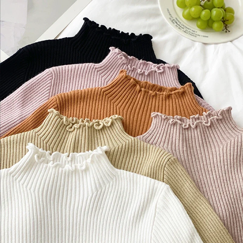 Fungus Edge Semi-turtleneck Women's Long-sleeved Sweater New Fashion Autumn and Winter Solid Color Thin Bottoming Shirt