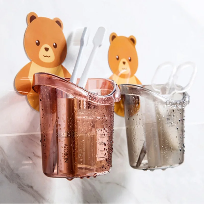 Toothbrush Holder Adorable Bear Hug Storage Cup Wall-mounted Drain Design Easy Organization Toothbrush Cup Bathroom Supplies