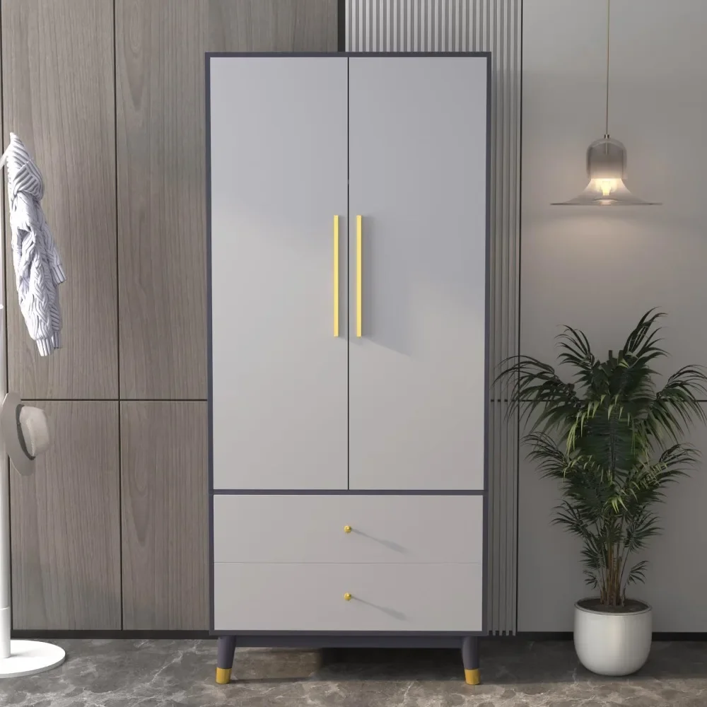 

Wooden Wardrobe Cabinet With 2 Drawers & Hanging Rod Bedroom Furniture Wardrobes Bedroom Armoire Cabinet Clothing Organizer Home