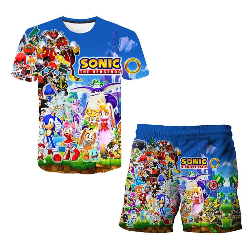 thumbnail image 1 of 20204 Nuevo conjunto de camiseta y pantalones cortos de dos piezas para niños del anime japonés "Sonic", camiseta de verano para niño y niña + pantalones cortos de playa, 1 of 5