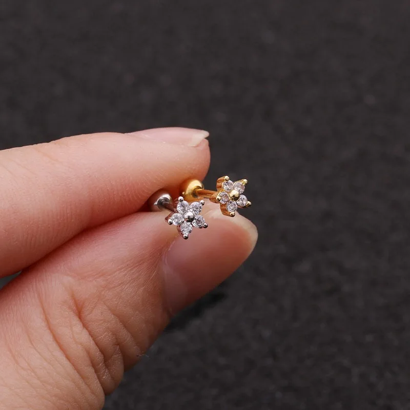 Stainless Steel Gold Color Silver Color Flower CZ Tragus Cartilage Helix Star Ear Stud Piercing Zircon Daith Earring 1PC