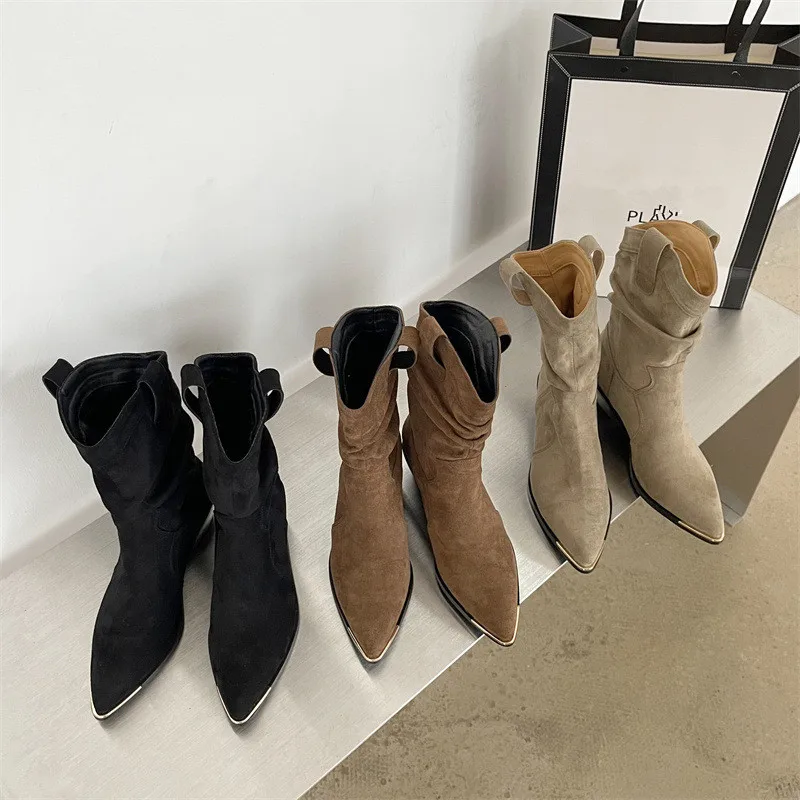

Shoes Boots Luxury Designer Boots-Women Leather Med Fashion Rubber 2023 Cowboy Ankle Ladies Pointy Solid Lace-Up Flock Rome Re