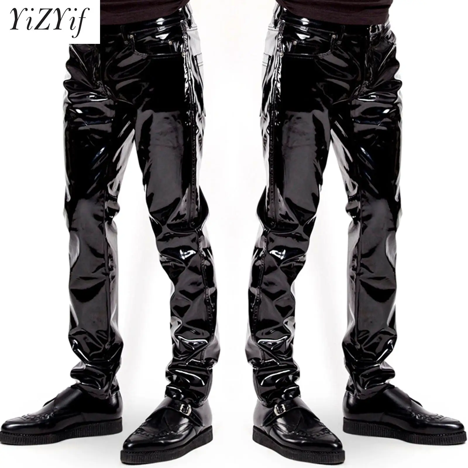 

Men Shiny Metallic Wet Look Leather Straight Leg Trousers Motorcycle Biker Pants Nightclub Rock Festival Disco Dance Clubwear