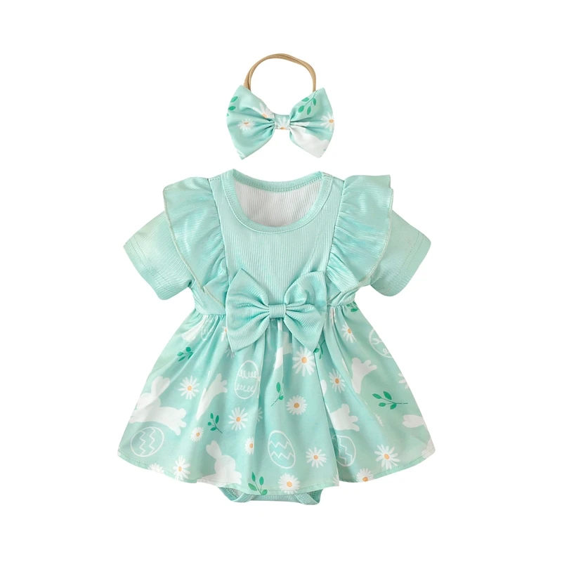 

Baby Girls Rompers Dress Easter Eggs Daisy Rabbit Print Fly Sleeve Bowknot Infant Bodysuits Summer Clothes with Headband