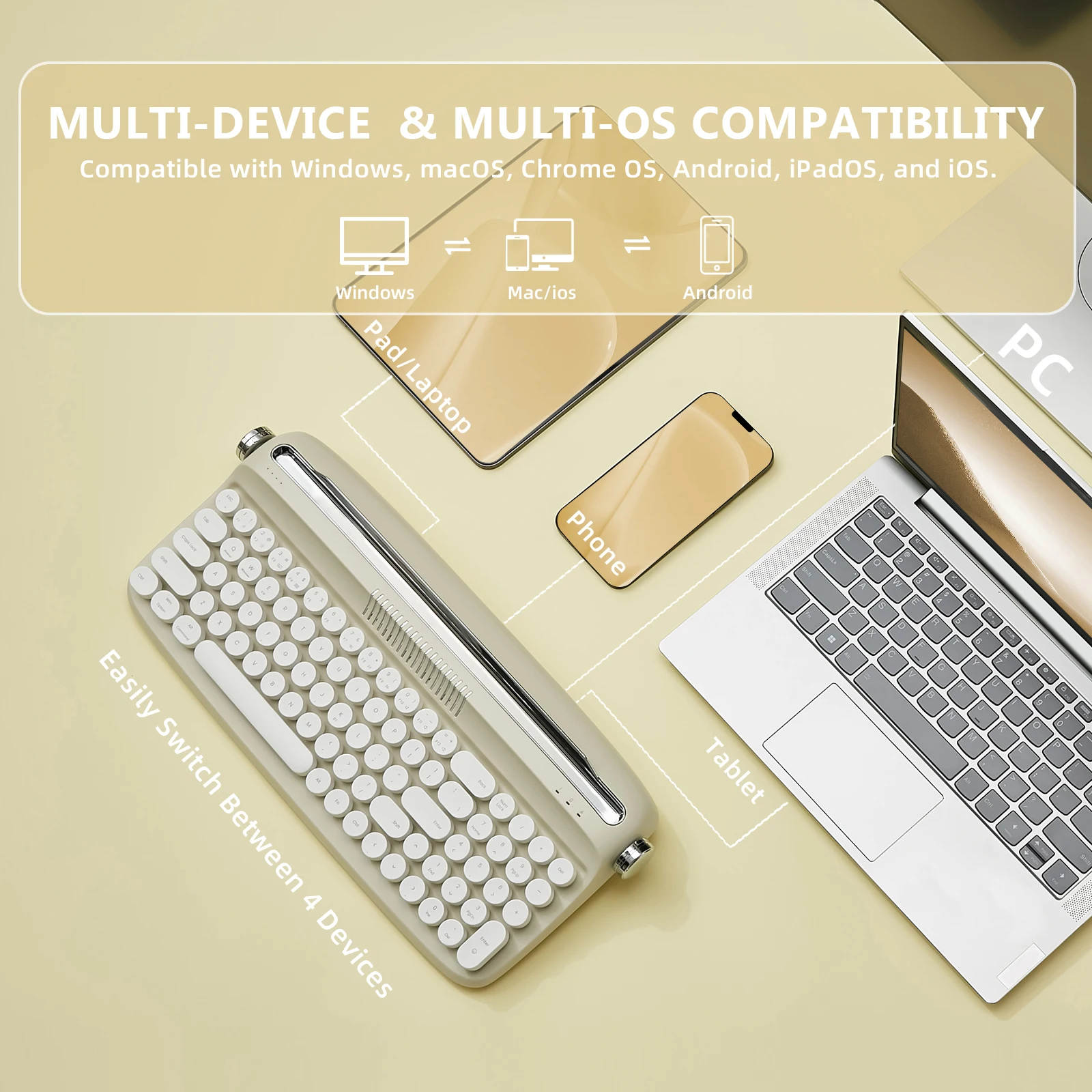 Yunzii-teclado Retro sem Fios de Máquina de Escrever Atualizado tipo c Bluetooth Teclas Redondas Stands Integrados Bonito Bege Areia B309 - Imagem 6