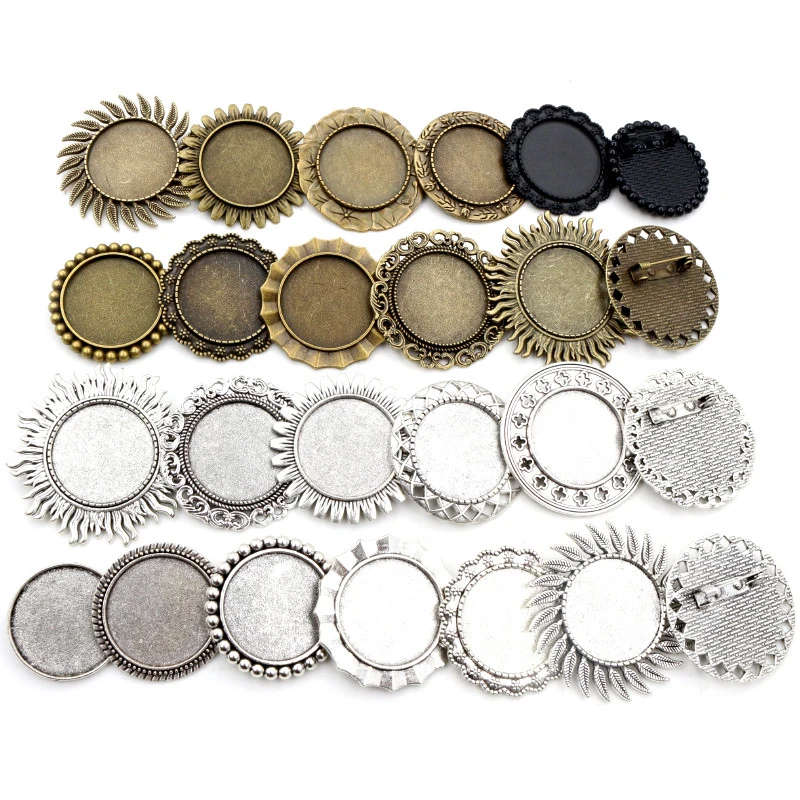 5pcs 25mm Inner Size Antique Silver Plated Bronze Colors Brooch Baroque Style Cabochon Base Setting