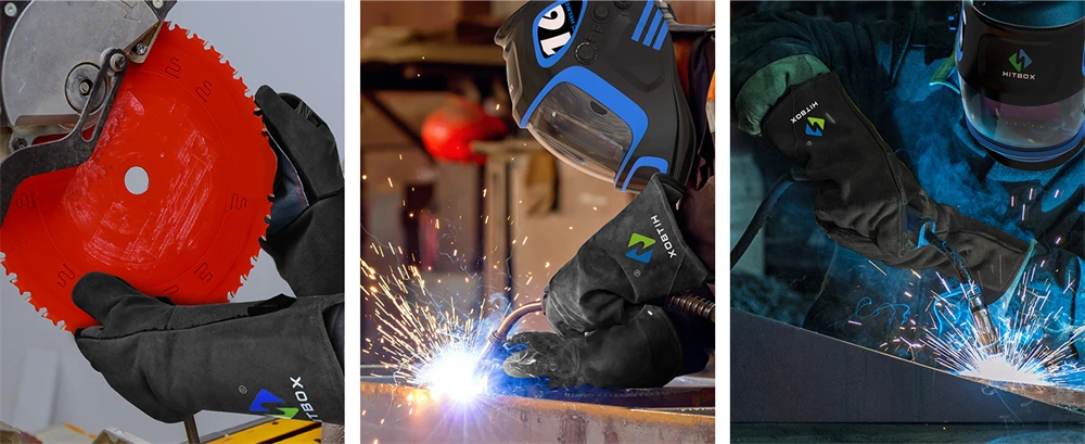 HITBOX 35,6 cm schwarze Schweißhandschuhe für Arc Tig Mig Schweißofen, Backhandschuhe, hitzebeständig, Anti-Tier-Biss-Arbeitshandschuhe, Geschenk – Detail 4
