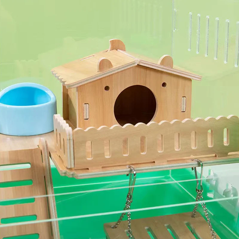 Acrylic Hamster House Cage Assemble Double-layer Wood Plate Maze Including Exercise Wheel Hideout Swing Food Bowl Small Pet Toy