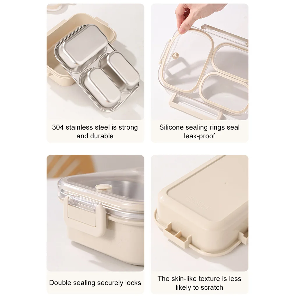 Stainless Steel Lunch Box with Compartments Food-Grade Non-Toxic Easy Clean 3 Compartments Snacks Kids Lunch Box Gray 4