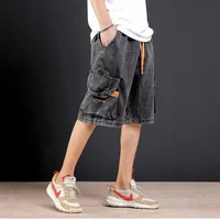 Pantalones cortos de mezclilla para hombre, rectos, holgados con texto, pantalones vaqueros cortos sueltos para hombre, venta de verano, pantalones finos para hombre, pantalones vaqueros masculinos con cintura elástica 3