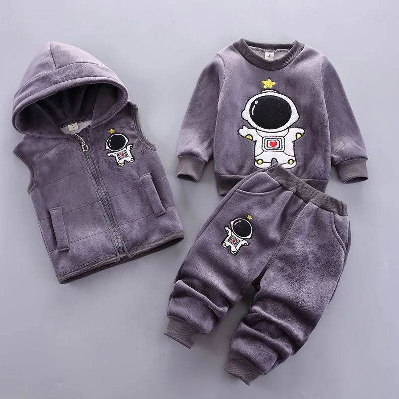 New Winter Baby Fleece Clothing Sets Autumn Boys Girls Cotton Thick Warm Hooded Sweater Cartoon Bear Pants 3Pcs kids Suit 0-4Y