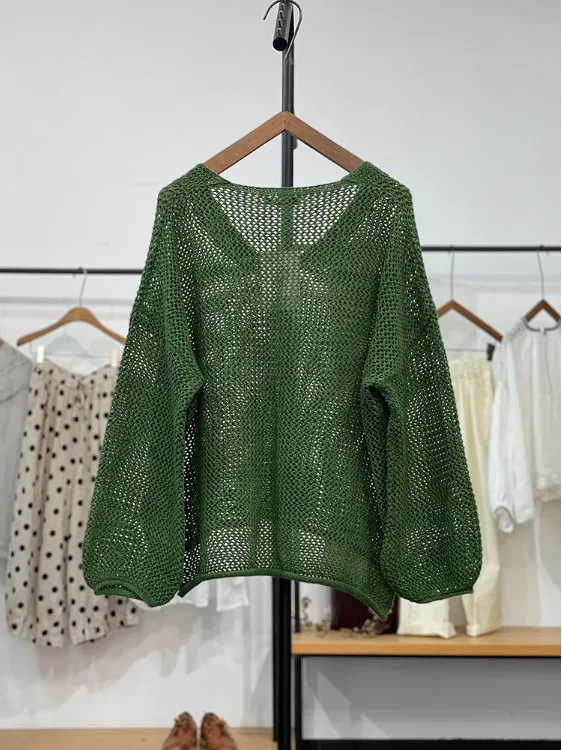Spring 2025 Sweet V-Ne Hollow out Knitted Sweater Women's Breathable Loose Versatile Knitwear Casual Commute Sle Long Sve