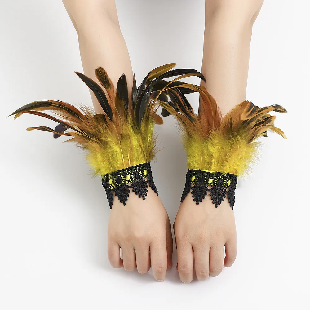 Natural Feather Sleeve Cuffs lace gloves Party Cosplay Lace Wrist Cuffs Fur Sleeve Accessories Carnival Stage Show Costume