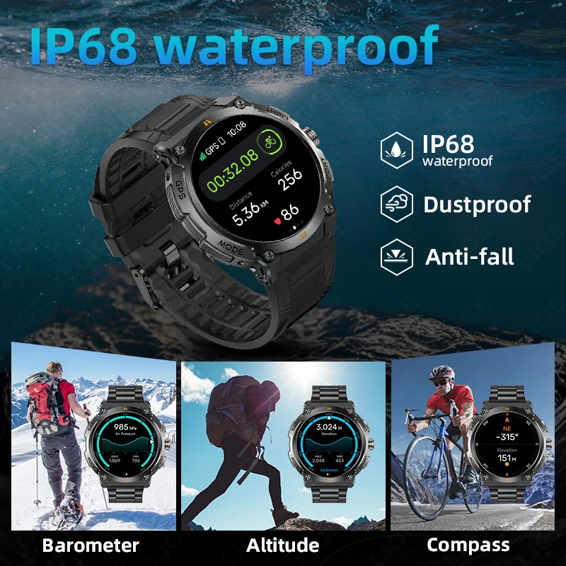 LIGE New Professional GPS Sports Smart Watch Outdoor RIDE Run Men Watches Compass Altimeter IP68 400mAh AMOLED BT Call Bracelets