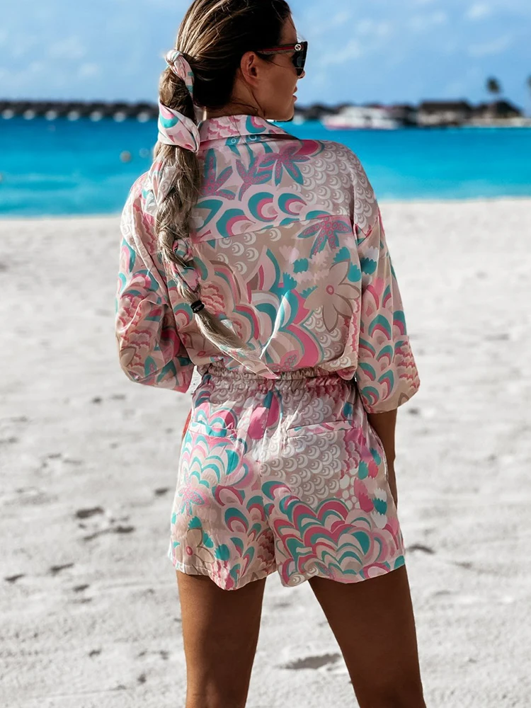 Spring Summer Vacation Casual Shorts Set Women Fahsion Print Loose Shirts & Pant 2 Pieces Set Ladies Beach 2 Pcs Female Outfits