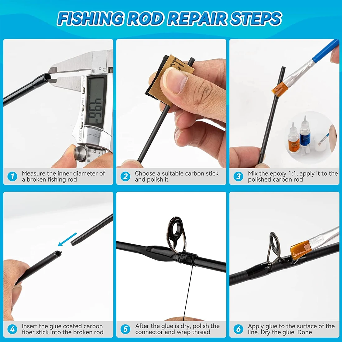 Kit bâtonnets fibre carbone FishTrip 1mm à 10mm pour réparation cannes pêche cassées