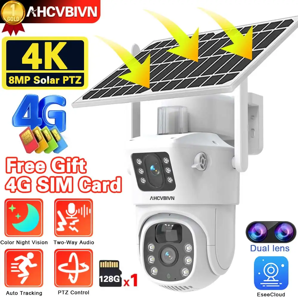 8MP 2-Way Audio PTZ Solar Camera 4G SIM Solar Battery Camera 4K Dual View Night Vision PTZ Wifi IP Camera Humanoid Tracking Cam