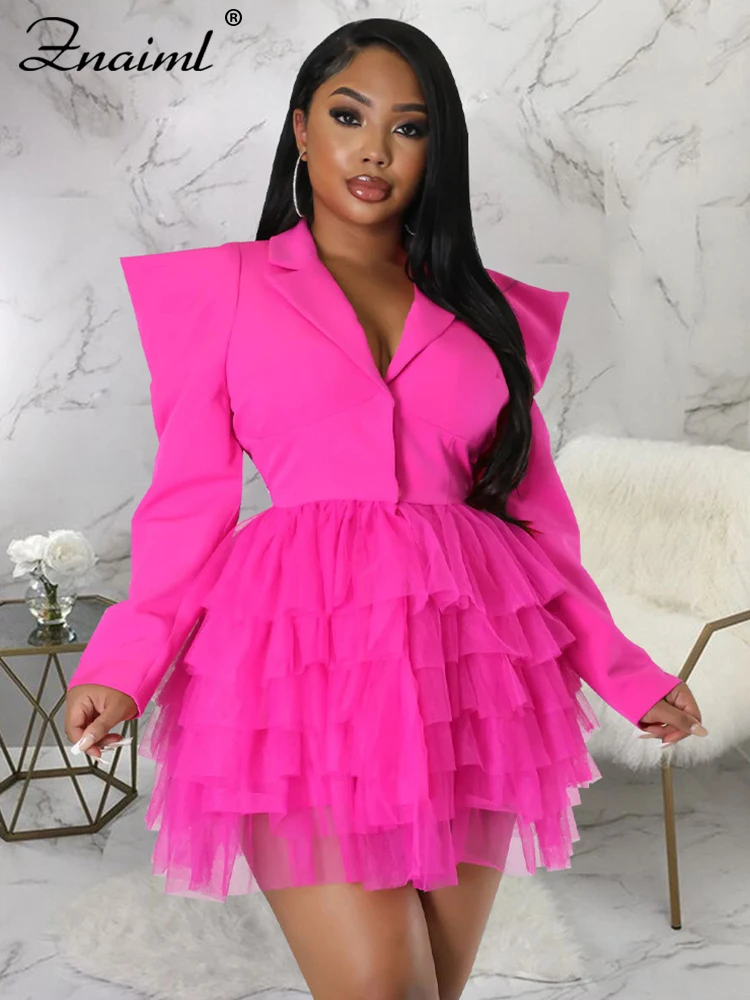 Znaiml 2023 Fashion Blazer Style Long Sleeve Ruffles Mesh A-line Mini Dress  Women Office Lady Sexy Club Party Birthday Dresses