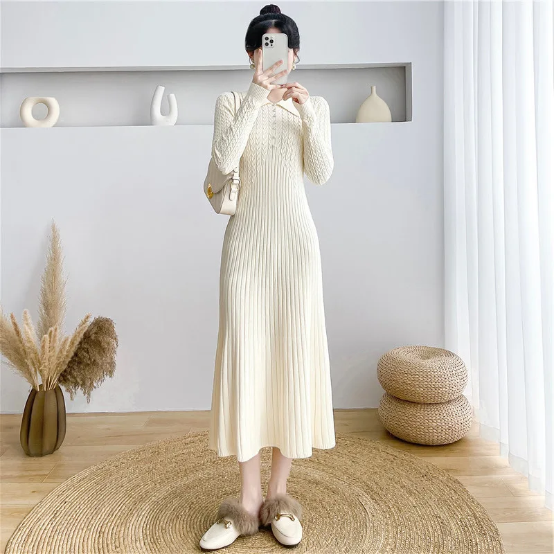 Ribbed Autumn Knit Long Dress For Women Fashion High Waist Elegant Solid Long Sleeve Dress Lapel Loose Knitwear Maxi Dress