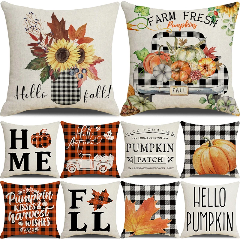 

2022 Thanksgiving Decor Cushion Cover 18Inches Square Linen Throw Pillow Covers Autumn Maple Leaves Pumpkin Pillowcase for Couch