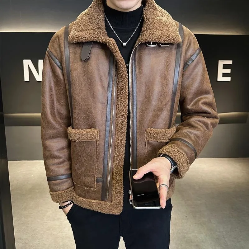 

Кожаная меховая интегрированная мужская куртка на весну и зиму, новая плюшевая Толстая куртка с лацканами, уличная флисовая куртка для кемпинга и путешествий