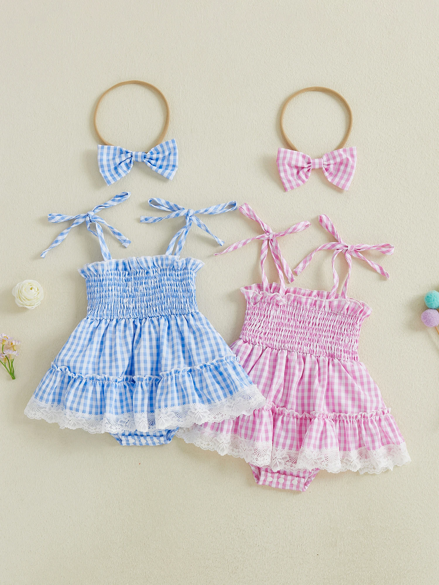 Toddler Girl Floral Ruffle Sleeveless Romper Dress with Matching Bow Headband Set for Summer Outfits 2 Pcs Cute and Stylish