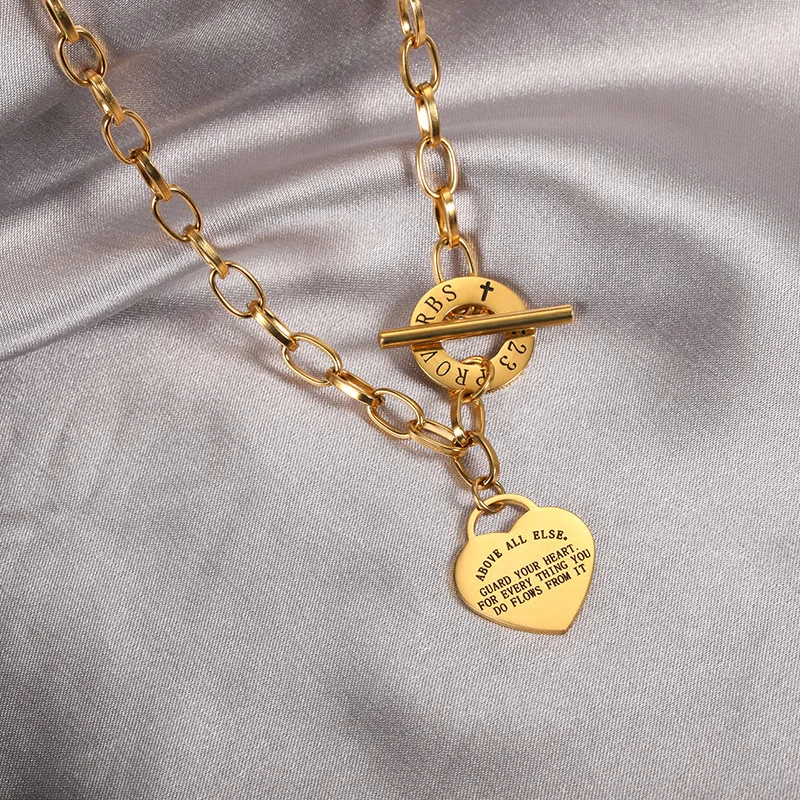 Stainless Steel Engraved Lettering Heart Necklace For Women Gold Plated OT Chain