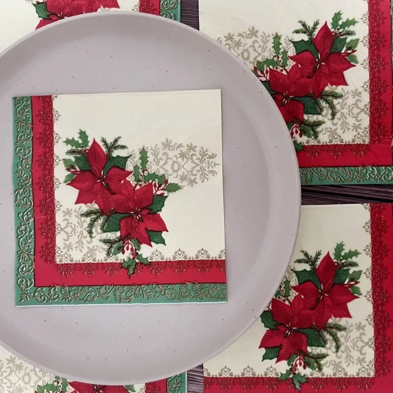 10/20pcs 2Ply 33cm Christmas Napkins Red Christmas Flowers Printed Paper Napkins Disposable Placemats Colourful Printed