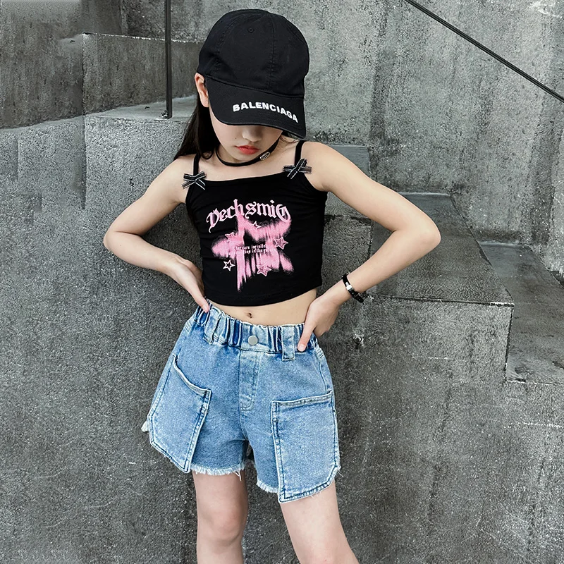 어린이 캐주얼 데님 반바지, 하이 웨이스트 밴드 디자인, 외부 주머니, 여름 아동복, 여아 청바지, 짧은 바지 세트