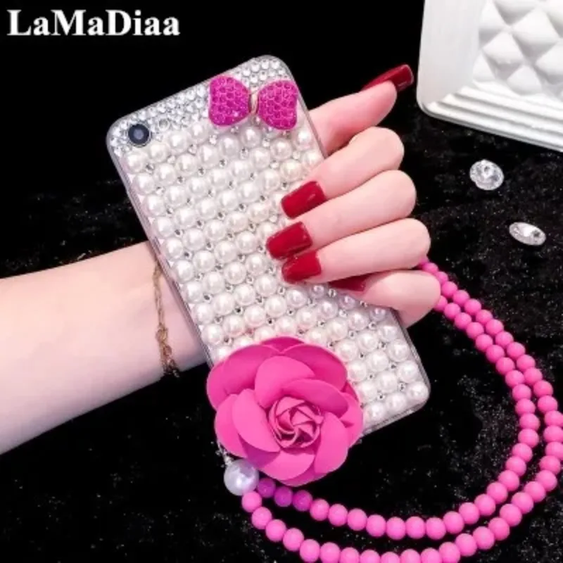 

Luxury Pearl Rhinestone Diamond Bowknot Glitter Flower Bling Case Cover for IPhone 14 15Pro X XR 7 8 Plus 15 11 12 13 15ProMAX