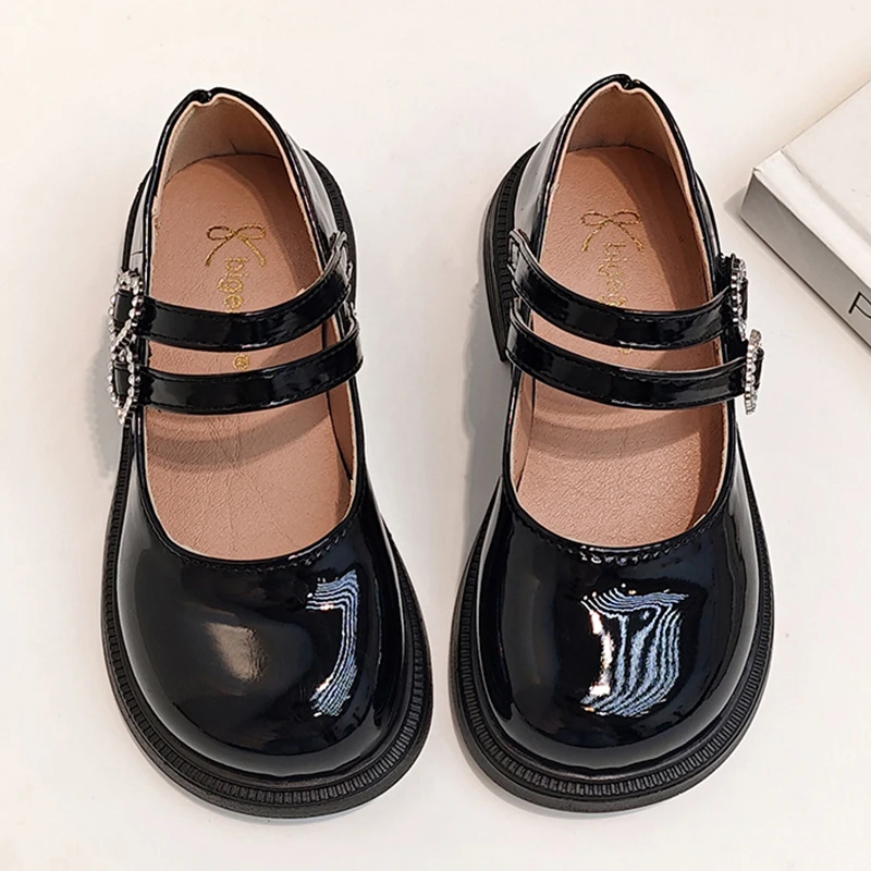 Fashion Double Buckle Mary Jane Shoes for Kids Round Toe Crystal Buckle Flats Shoes Girls Pu Leather Low Heel Single Shoes 21-36