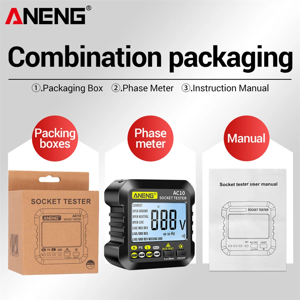 ANENG AC10 Socket Tester LCD Polarity Phase Power Outlet Voltage Test Detector 6