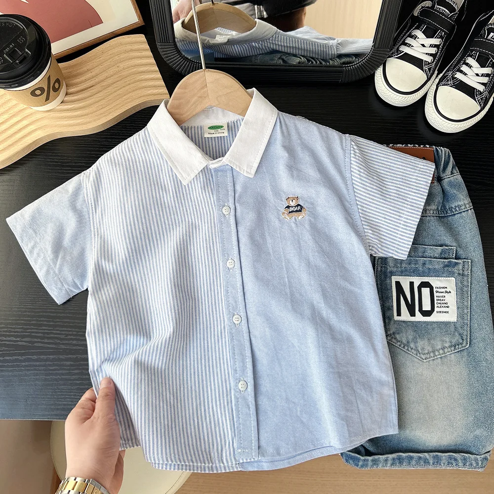 Summer Boys Cute Embroidery Bear Short Sleeve Blouse