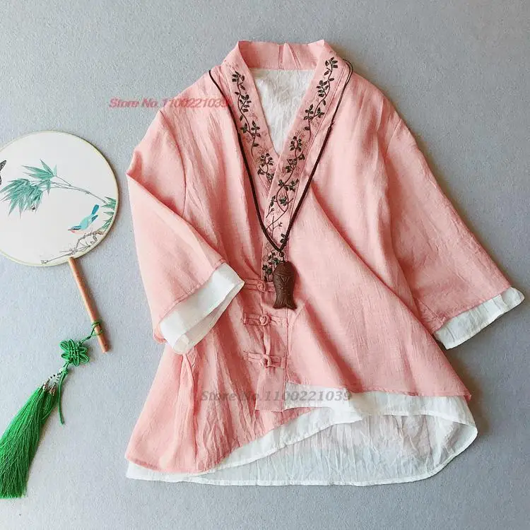 

2024 китайские винтажные Топы hanfu, Национальная Цветочная вышивка, хлопчатобумажная льняная блузка, Восточная фотография