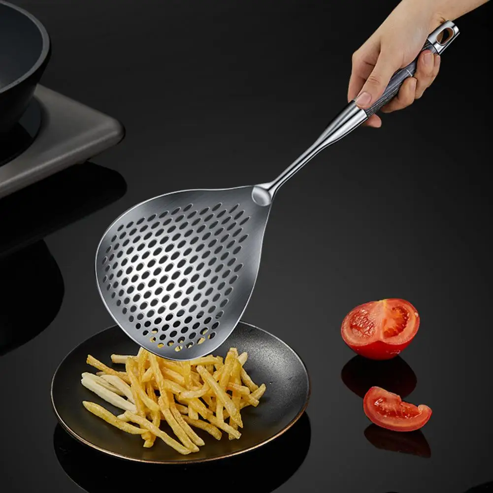 

Heavy Duty Frying Strainer 304 Stainless Steel Slotted Spoon with Fine Mesh Wooden Long Handle Heat Resistant Kitchen for Frying