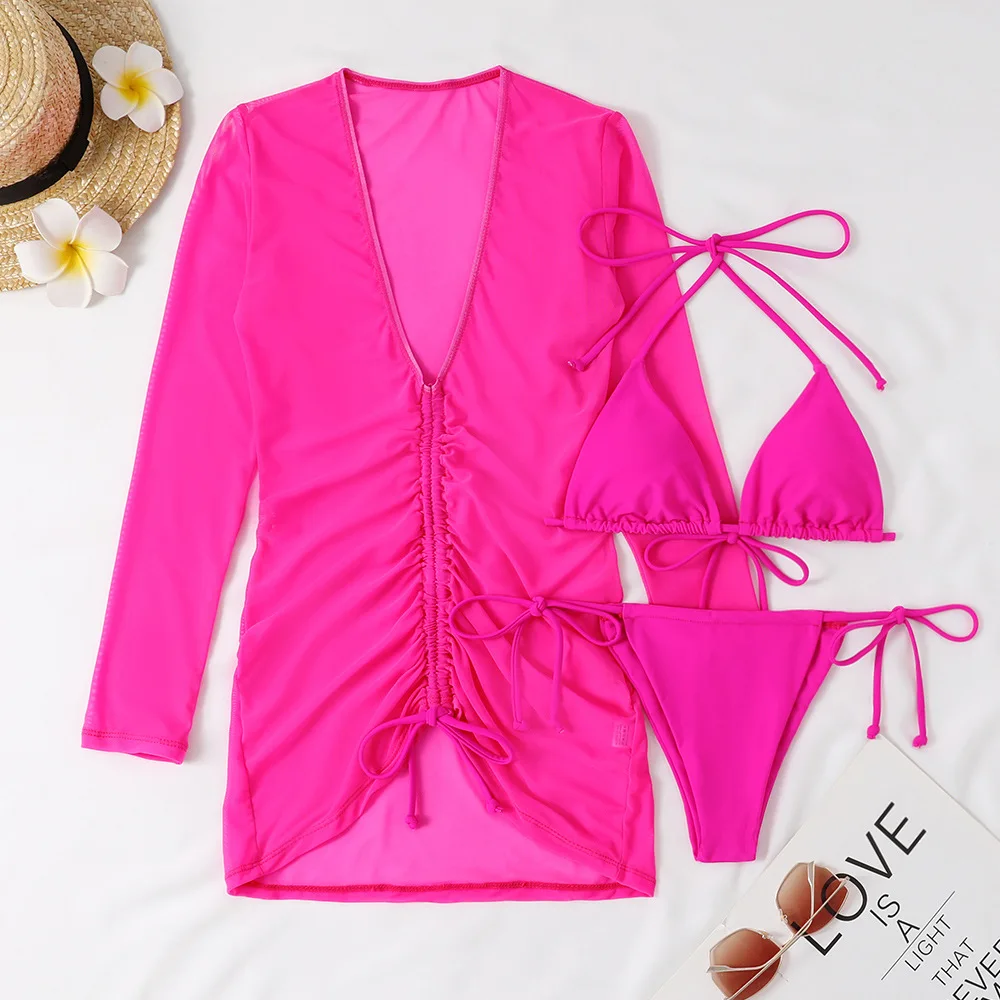 2023 Beach Cover Up And Bikini Set Sexy Swimwear Women Dresses Long Sleeve Mesh Swimsuit Thong Biquini Female Neon Beachwear