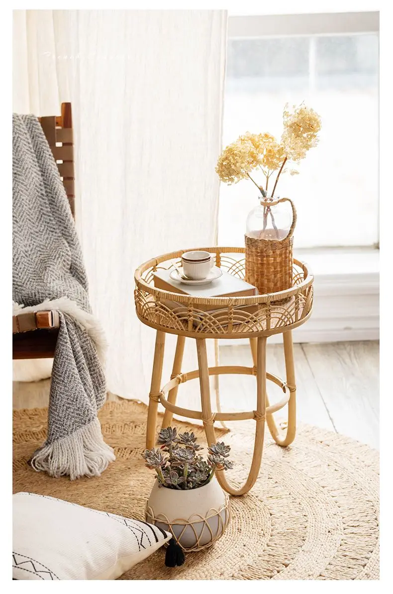 Handwoven natural wood rattan coffee table round living room Light luxury furniture low coffee table mueble salon