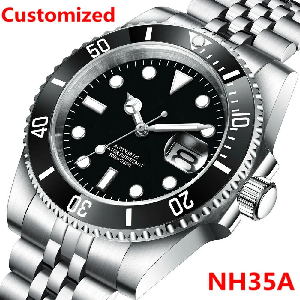 Bricolage Logo 40MM montre de plongée NH35 montre-bracelet automatique 10Bar étanche lumineux saphir céramique lunette robe montres hommes Reloj
