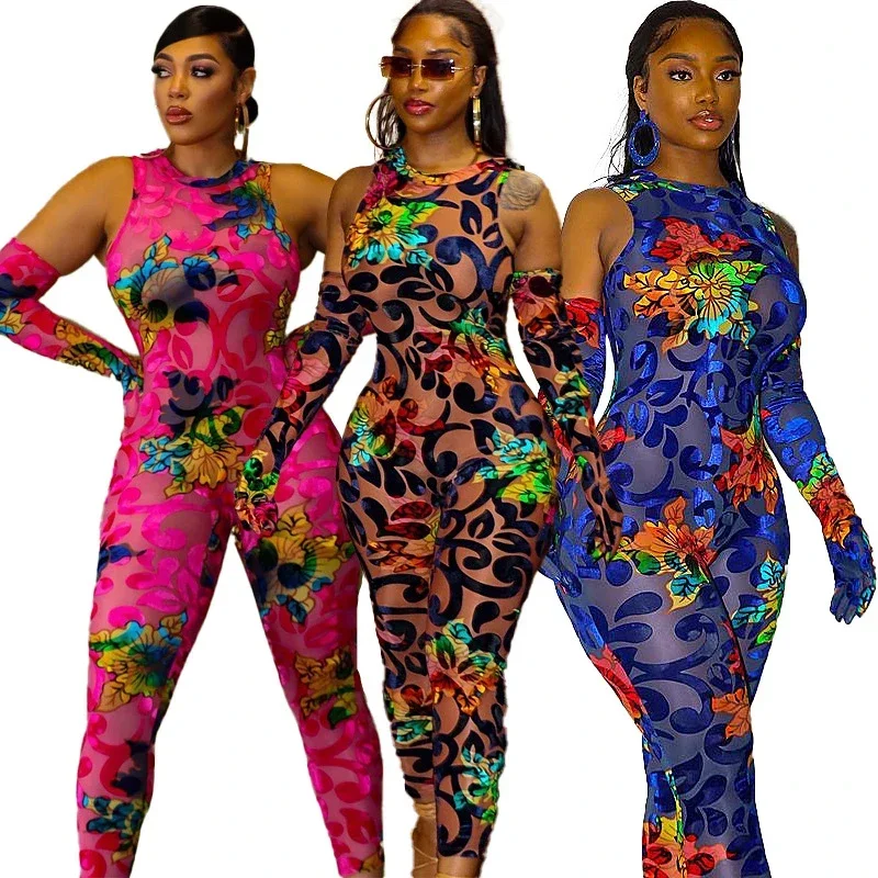 

Vintage Floral Print Sleeveless Jumpsuits with Gloves Women Sexy Highly Slim Club Party Overalls Spring Summer Rompers