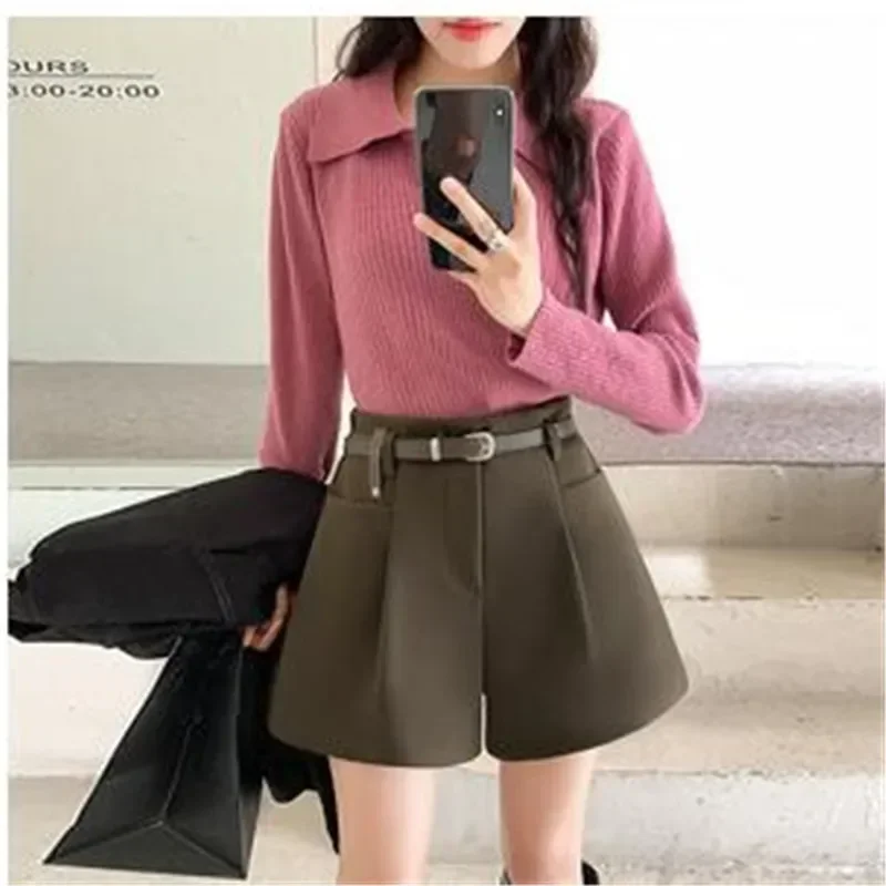 Fall Winter Women Boot Shorts with Belt Elegant Office Ladies Shorts Wide Leg A-Line Black Coffee 2024 Korean Fashion