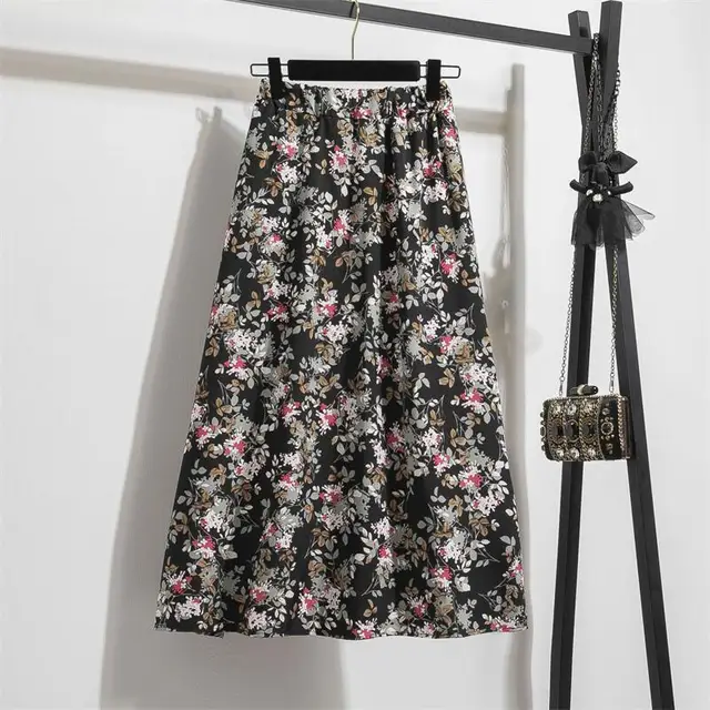 Spring Summer Chiffon Women skirts Casual Floral Printed Woman Long skirts Elastic Waist Female Loose extended Skirt 5