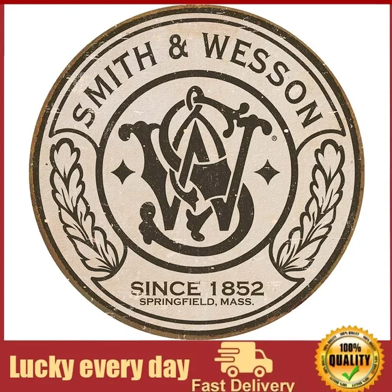 

Desperate Enterprises Smith & Wesson - Round Tin Sign - Nostalgic Vintage Metal Wall Decor metal plate outdoor decor