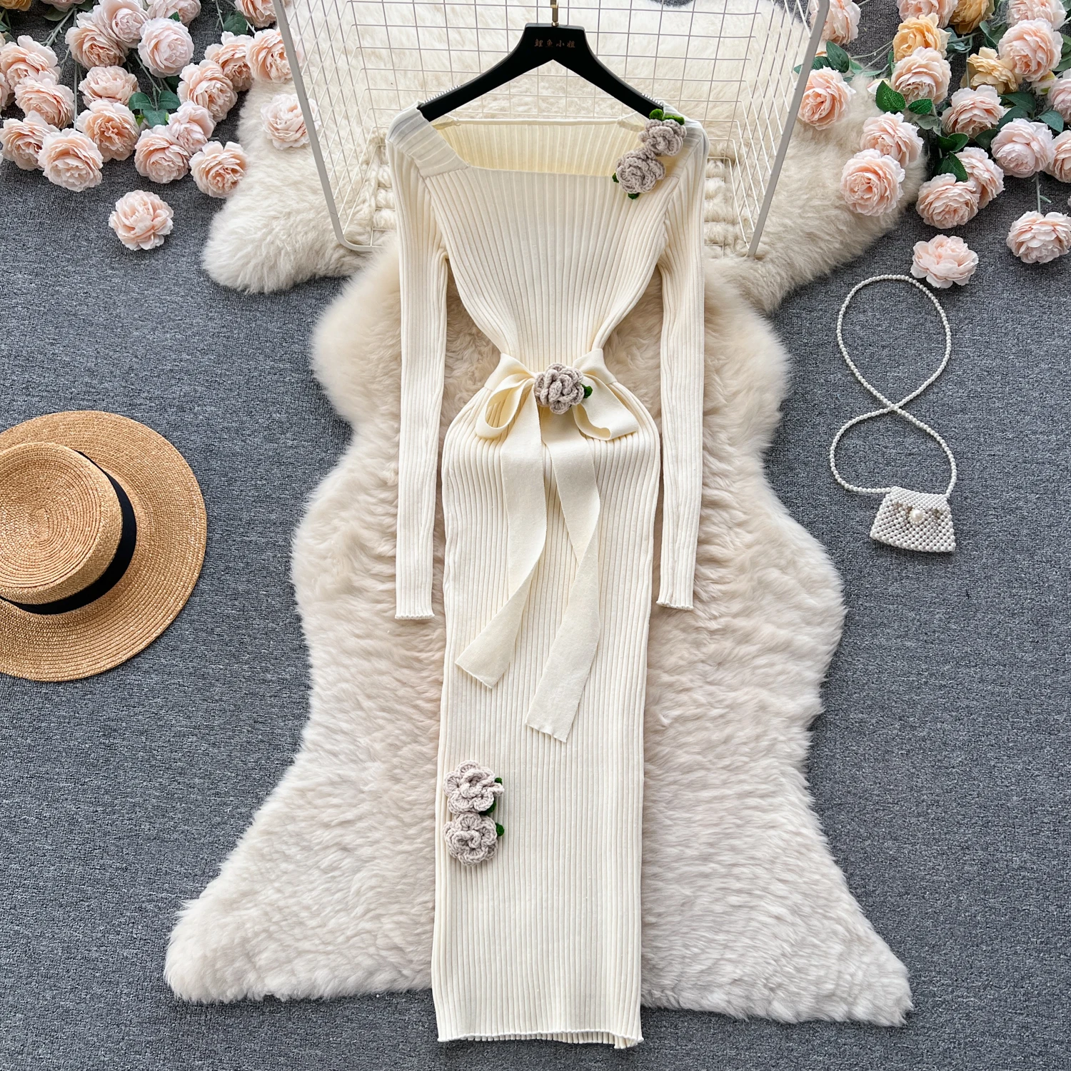 

ALPHALMODA Knitted Dress 2023 New Women 3D Flower Slim Fit Belted Long-sleeved Elegant Dress High Stretchy Step Dress