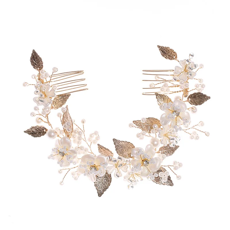 Handmade Ceramic Pearl Flower Leaf Decoration Bridal Wedding Hair Accessories Double Hair Combs