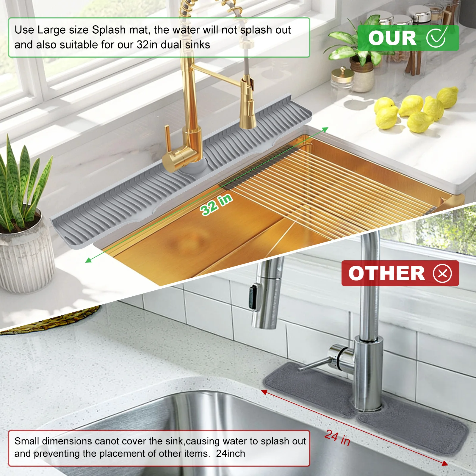 82cm Silicone Sink Faucet for Kitchen Bathroom Bar Kitchen Sink Splash Guard 32 in Super Absorbent Rubber Drying Pad Black/Grey