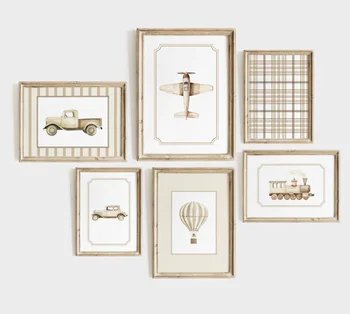 Stampa su Tela Vintage Beige con Tema Trasporti, Decorazione Murale per Cameretta Bambini, Stanza dei Giochi, Galleria d'Arte