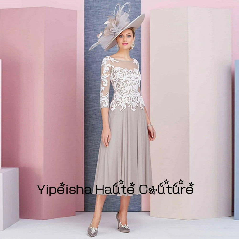 

Yipeisha Gray 3/4 Sleeve Round Neck Mother Of Bridal Dresses for Party Lace Tea Length Wedding Gowns 2022 Summer