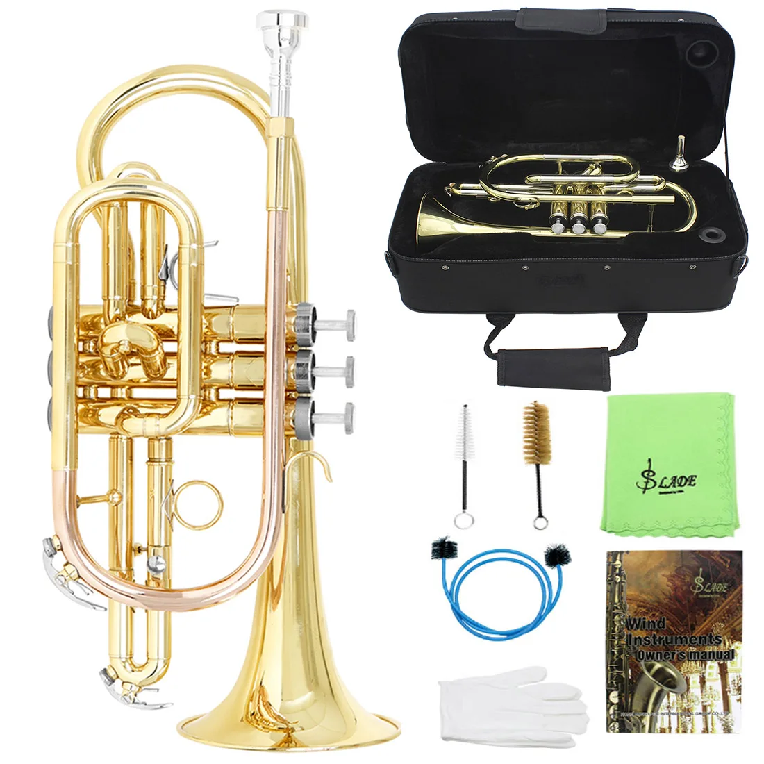 SLADE Pocket Trumpet Brass Bb Gold Lacquer Mini Trumpet with Mouthpiece Case Strap Gloves Cleaning Kit for Students Beginners