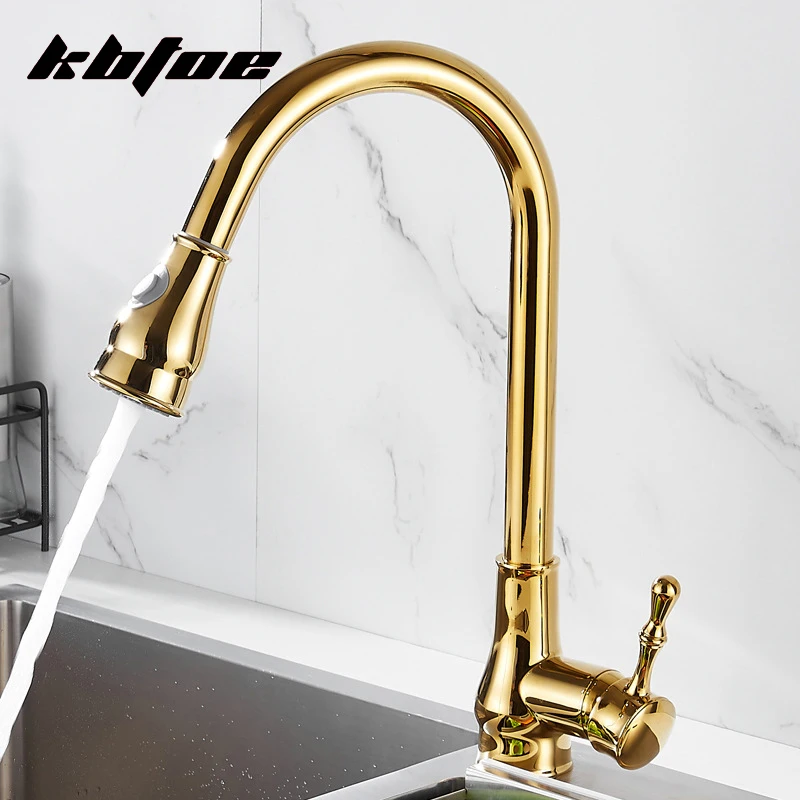 Gold Luxury Retro Kitchen Faucet Pull Out Deck Mounted Hot Cold Water Sink Mixer Tap 360 Rotation Spray Nozzle Brass Vintage Tap