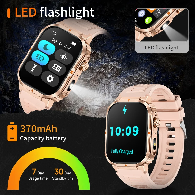 LIGE New Women Smart Watch 370mAh Flashlight 2.01” HD Make Answer Call Voice Assistant Sports Health Monitor Smartwatch For Men